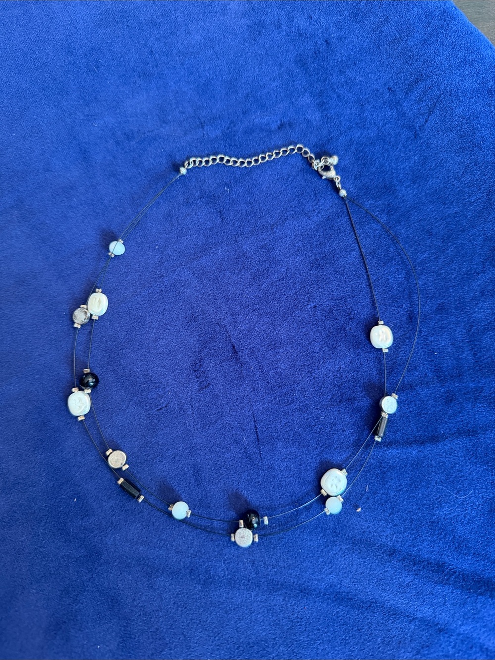 Delicate Two-Strand Black Cord Necklace with White and Black Beads